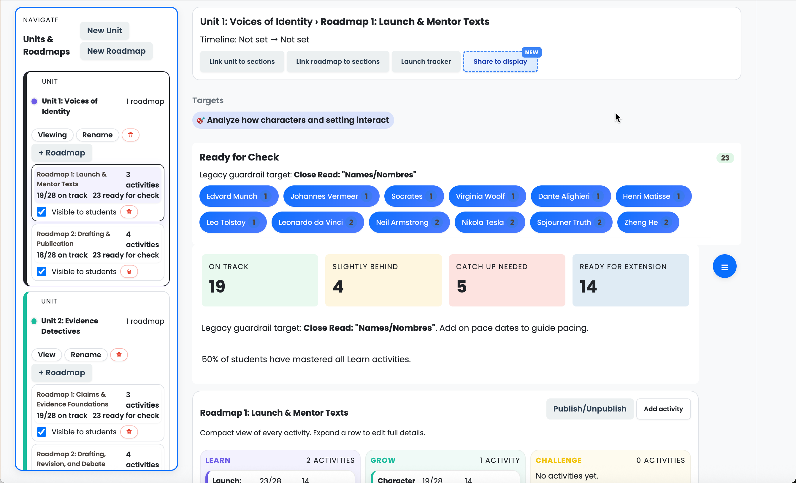 PrepPanel pacing tracker teacher view with tiers and statuses